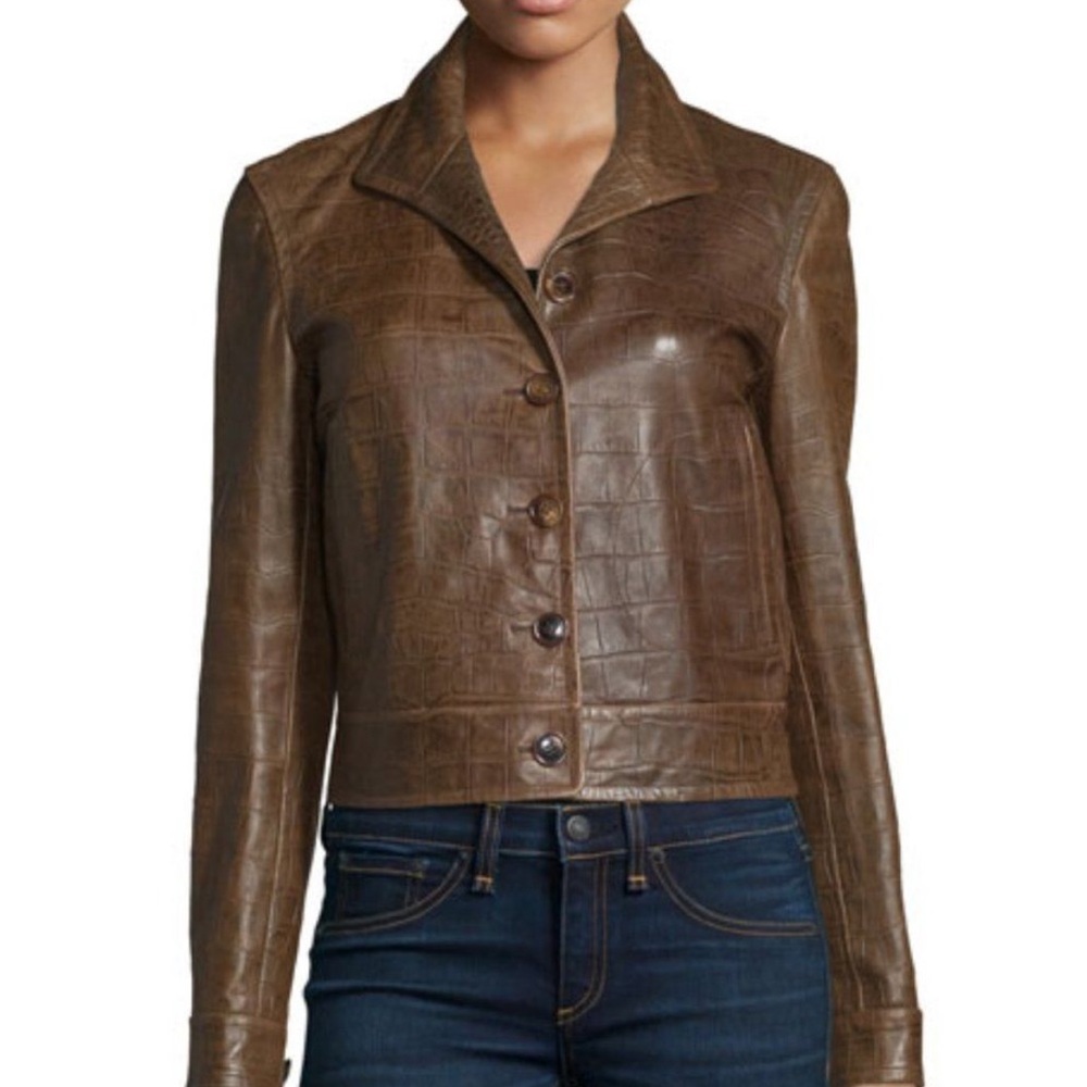 Ralph Lauren Vintage Chestnut Brown Made in Italy Croc-embossed lamb leather
